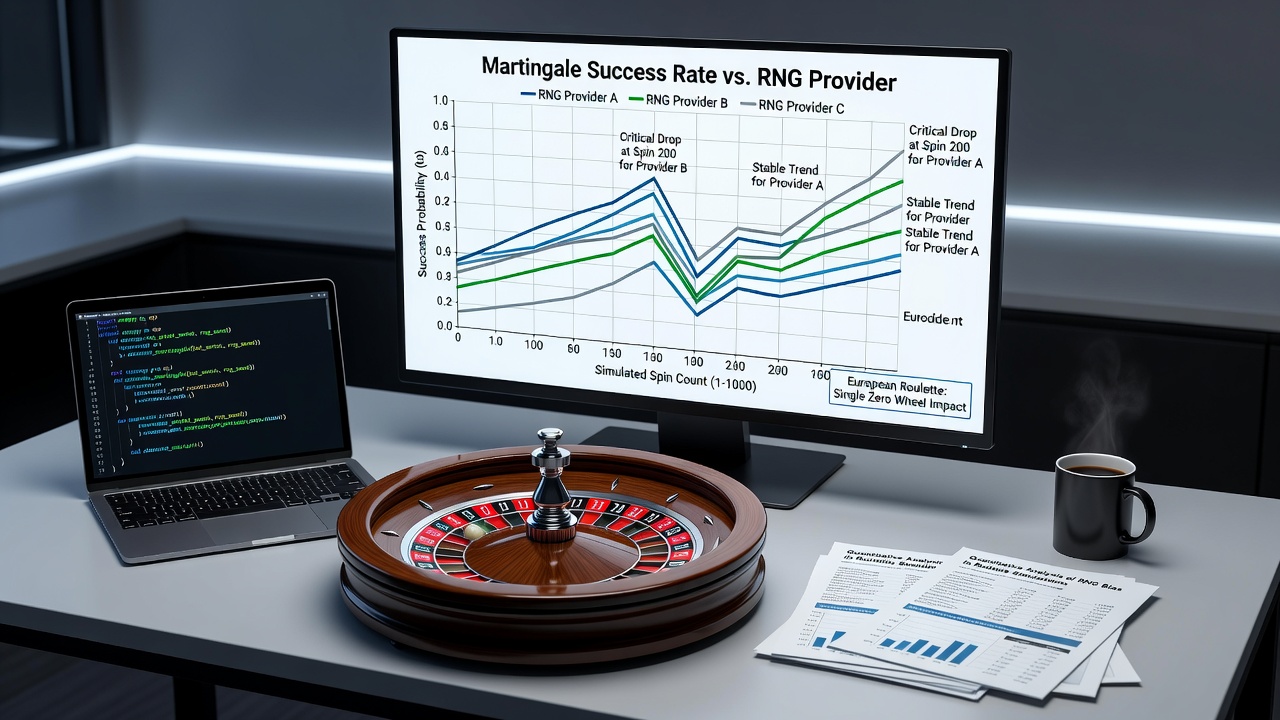 Statistical graphs comparing RNG output distributions from different software providers alongside Martingale simulation results